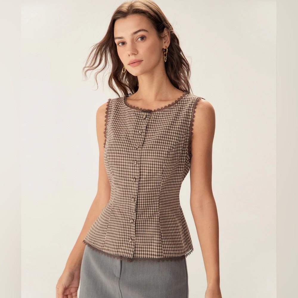 RIHOAS Brown Plaid Single Breasted Vest Top